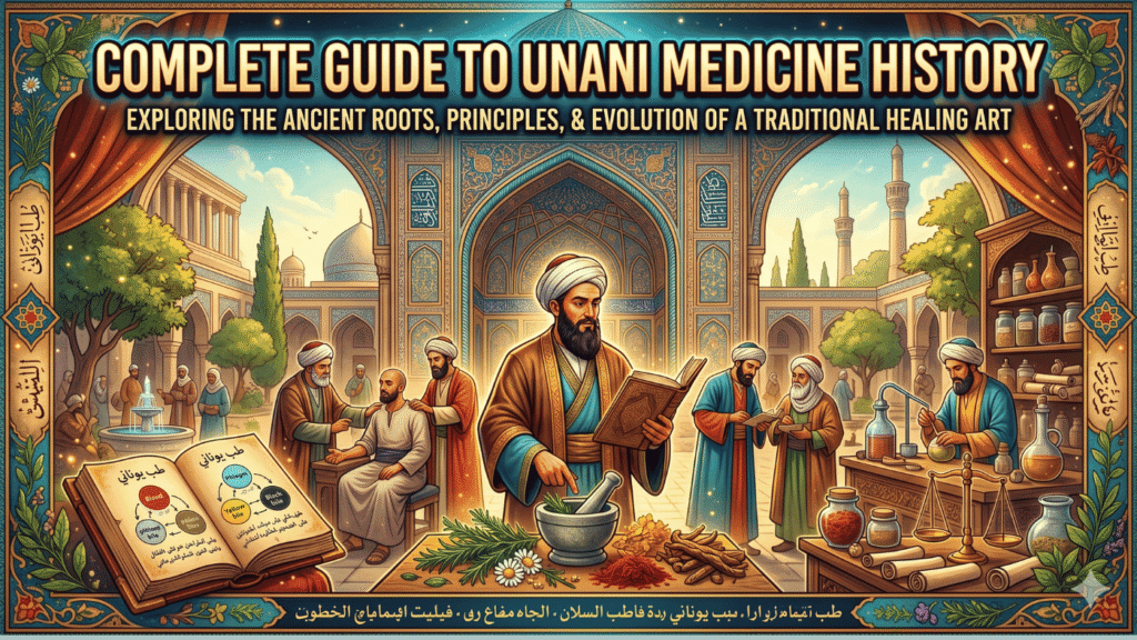 Illustration showing Unani medicine history, herbal ingredients, and traditional Unani treatment methods for natural wellness.