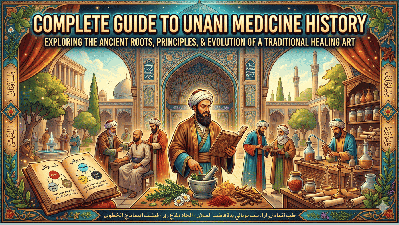 Illustration showing Unani medicine history, herbal ingredients, and traditional Unani treatment methods for natural wellness.