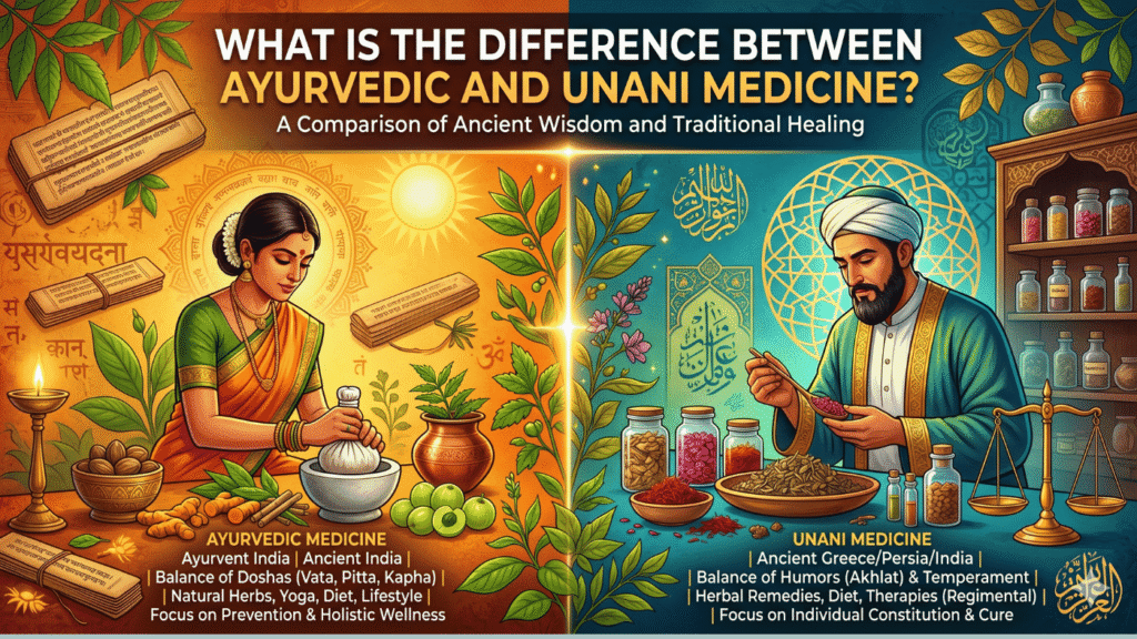 Difference between Ayurveda and Unani medicine showing natural healing methods, herbal treatments, and traditional wellness systems.