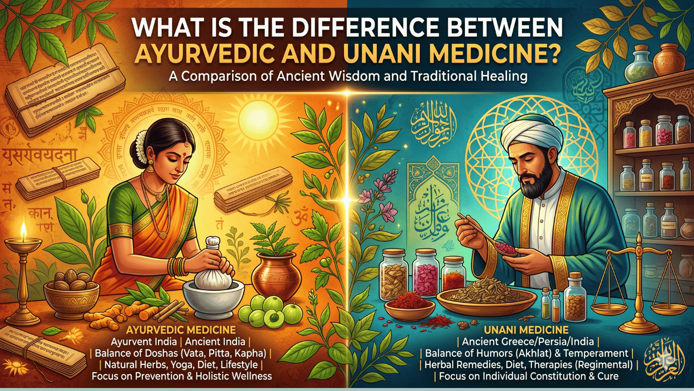 Difference between Ayurveda and Unani medicine showing natural healing methods, herbal treatments, and traditional wellness systems.