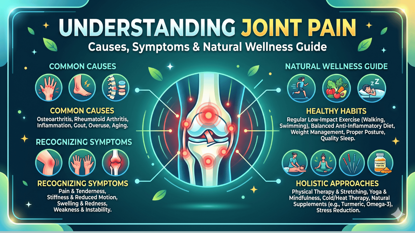 A detailed infographic explaining "What Is Joint Pain." The image features a glowing diagram of a knee joint and sections covering common causes like aging, symptoms like swelling, and natural wellness tips including a healthy diet, exercise, and holistic approaches like massage and herbal supplements.