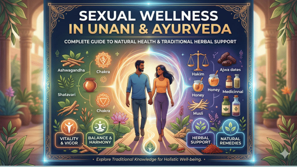 Illustration showing Sexual Wellness in Unani and Ayurveda with natural herbs, healthy lifestyle, and traditional herbal wellness support.
