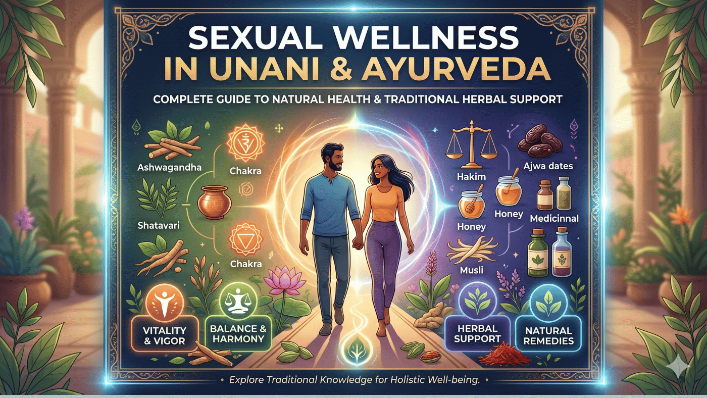 Illustration showing Sexual Wellness in Unani and Ayurveda with natural herbs, healthy lifestyle, and traditional herbal wellness support.