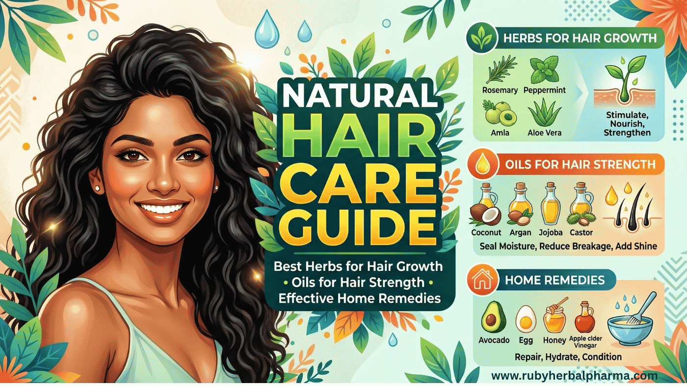 Natural hair care guide featuring herbal ingredients, nourishing hair oils, and natural remedies that may help support healthy, strong, shiny, and beautiful hair.
