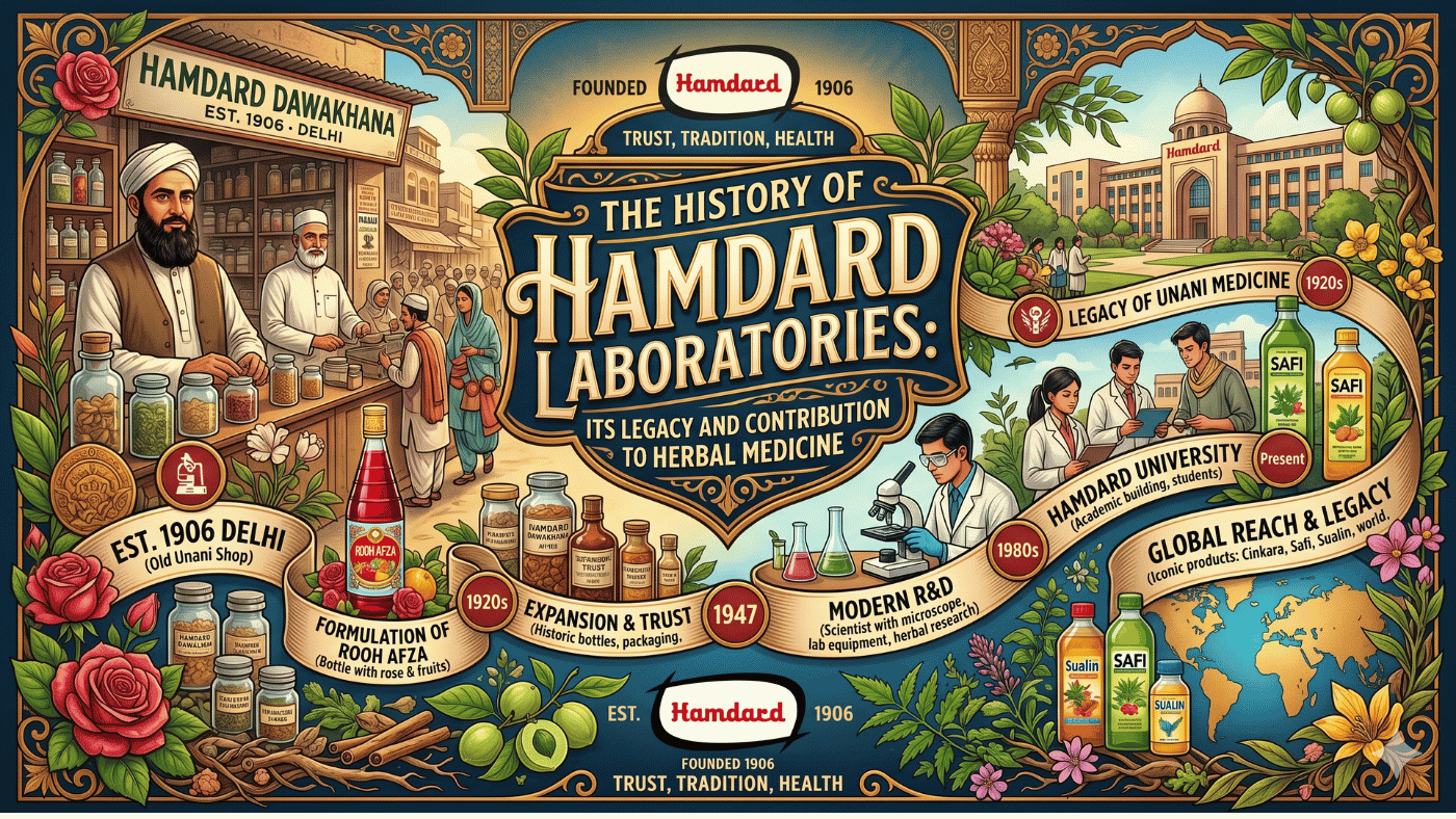Historical journey of Hamdard Laboratories showcasing its contribution to Unani medicine, herbal healthcare, traditional healing practices, research, and the growth of Unani Medicine Online over more than a century.