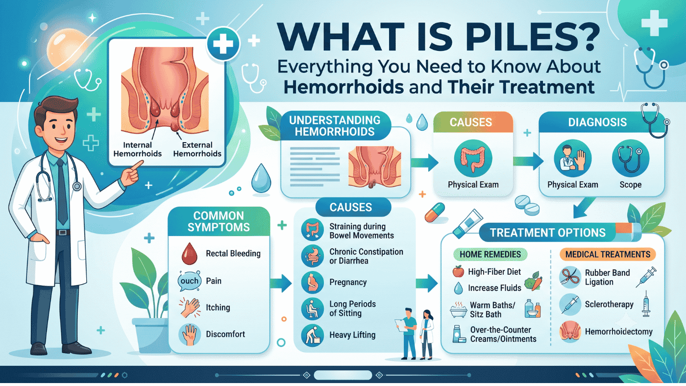 Educational illustration explaining what is piles (hemorrhoids), including common causes, symptoms, types of piles, bleeding hemorrhoids, treatment options, prevention tips, and Ayurvedic support for digestive health.